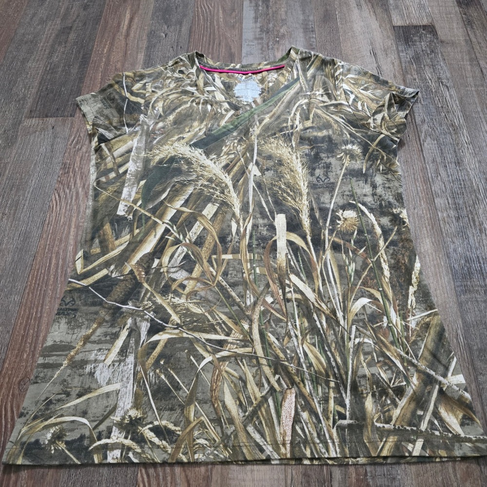 Realtree V-Neck T-Shirt Womens Large L 12-14 Brown Max-5 Camo Short Sleeve Tee